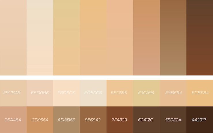 Vetor paleta de cores de tom de pele humana vetorial com gradiente e escolha de cor de nome de código
