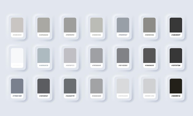 Vetor paleta de cores pastel cinza. amostras de catálogo cinza em rgb hex. catálogo de cores. botão da web da interface de usuário branco neumorphic ui ux. neumorfismo.