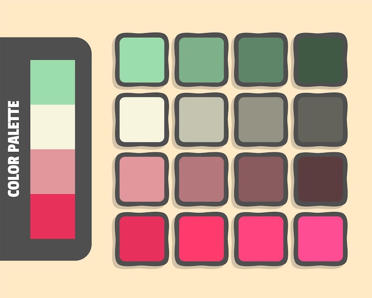 Vetor paleta de cores verde claro, bege escuro, salmão carmesim, cores que combinam com as cores rgb harmoniosas