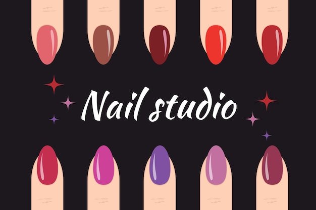 Paleta de esmaltes isolada em fundo preto Logotipo do salão de beleza Manicure colorida elegante para um estúdio de beleza Vetor de ilustração