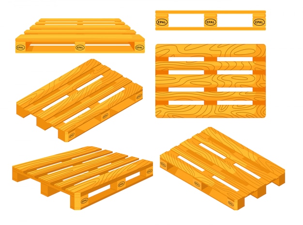 Paletes de madeira. vista superior, frontal, lateral, em perspectiva e isométrica do conjunto de objetos de paletes de madeira. plataformas para coleta de transporte de carga. logística e distribuição de cargas