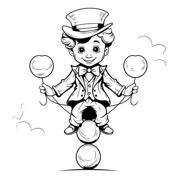 Vetor palhaço de circo malabarismo bolas ilustração vetorial preto e branco para livro de colorir