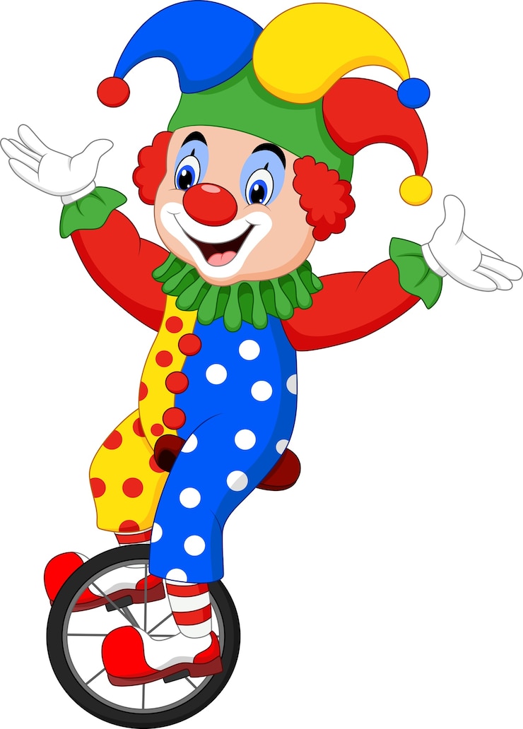Vetor palhaço de desenho animado andando de bicicleta de uma roda
