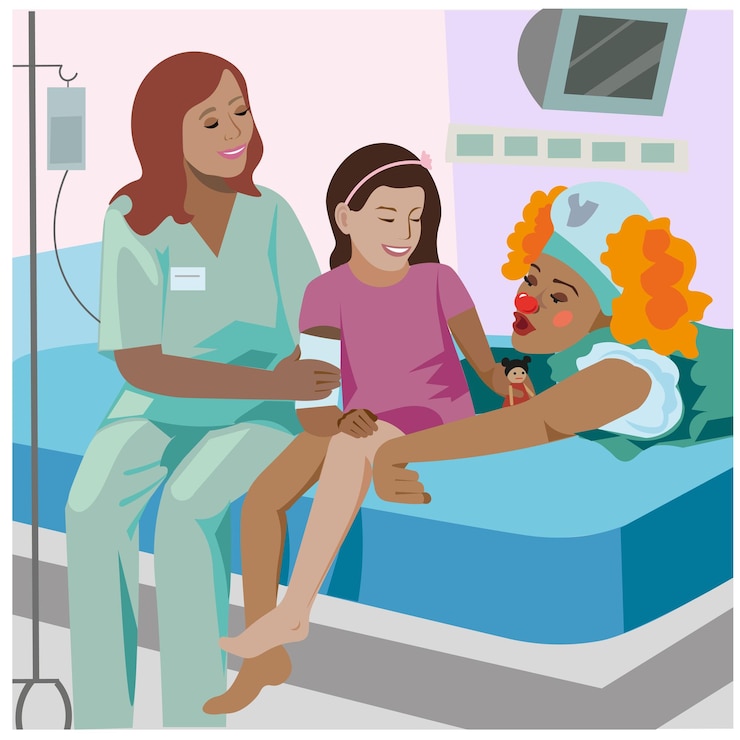 Vetor palhaço e criança no hospital
