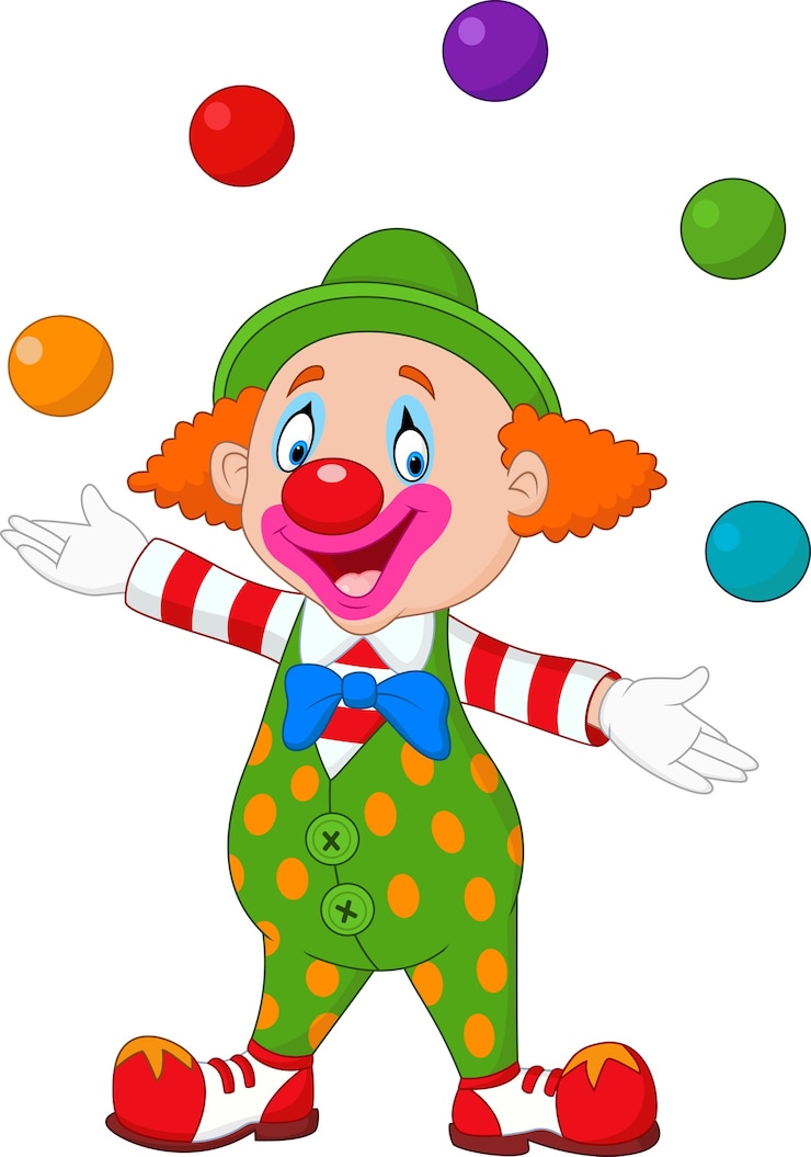 Vetor palhaço feliz, malabarismo com bolas coloridas