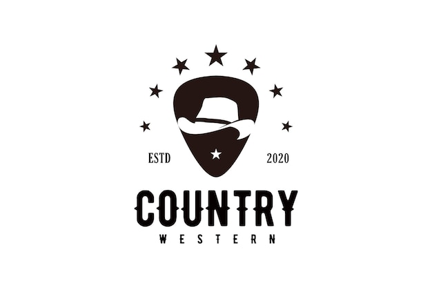 Palheta de guitarra com chapéu de cowboy ou xerife design de logotipo de música country ocidental