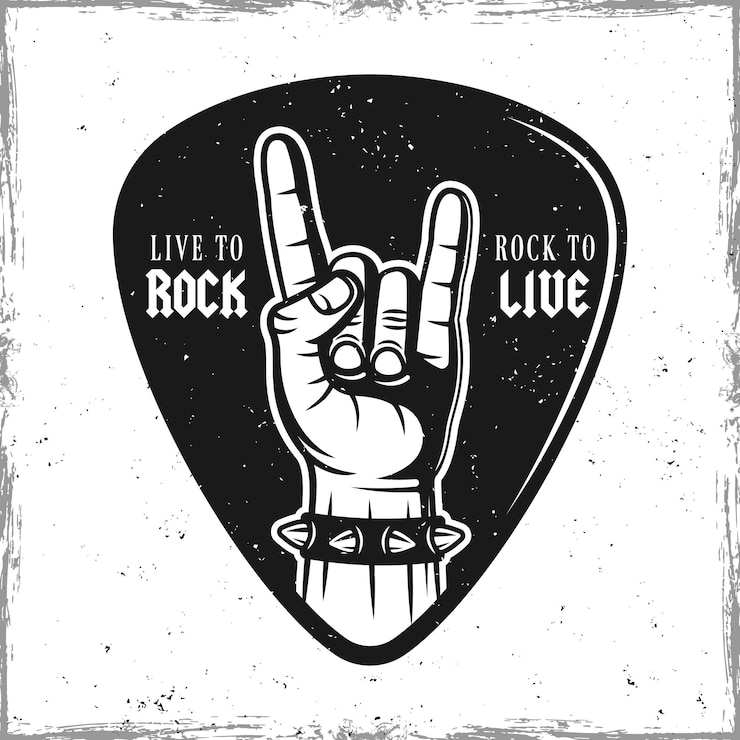 Palheta de guitarra ou mediador com gesto de mão de chifres de heavy metal. Molde do projeto do vetor isolado no fundo com texturas removíveis