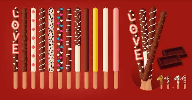 Vetor palitos de biscoito mergulhados em chocolate com vários sabores do evento pepero coreano pepero day 11 de novembro