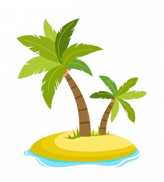 Palma tropical na ilha com a ilustração do vetor de ondas do mar isolada. Praia sob palmeira. Férias de verão nos trópicos. Ilustração em vetor dos desenhos animados.