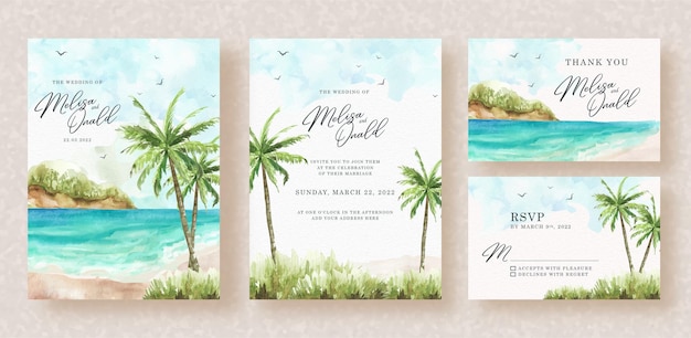 Vetor palmeira e pintura em aquarela com vista para a praia no fundo do convite de casamento