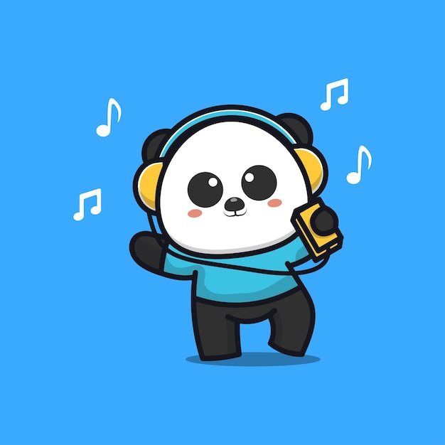 Panda adorável ouvindo música com fones de ouvido