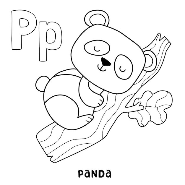 Panda animal do alfabeto para colorir com desenho animado de letra desenhada à mão da palavra