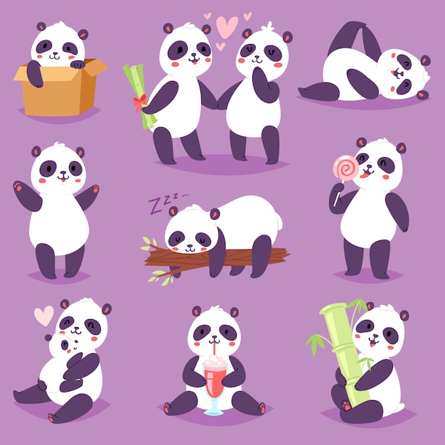Panda bearcat ou urso chinês com bambu apaixonado jogando ou dormindo conjunto de ilustração de livro de leitura de panda gigante ou comendo sorvete