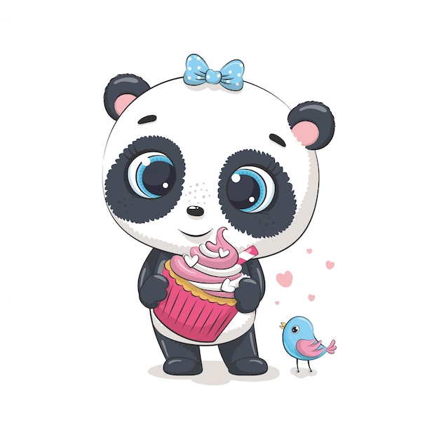 Panda bebê fofo com cupcake e pássaro. ilustração para chá de bebê, cartão, convite para festa, impressão de t-shirt de roupas da moda.