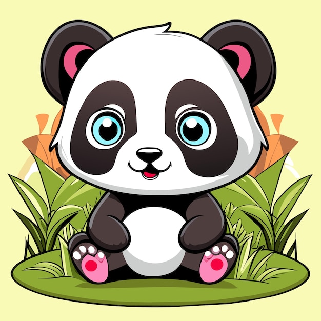 Vetor panda bebê fofo sentado na grama desenhado à mão ícone de adesivo de desenho animado ilustração isolada