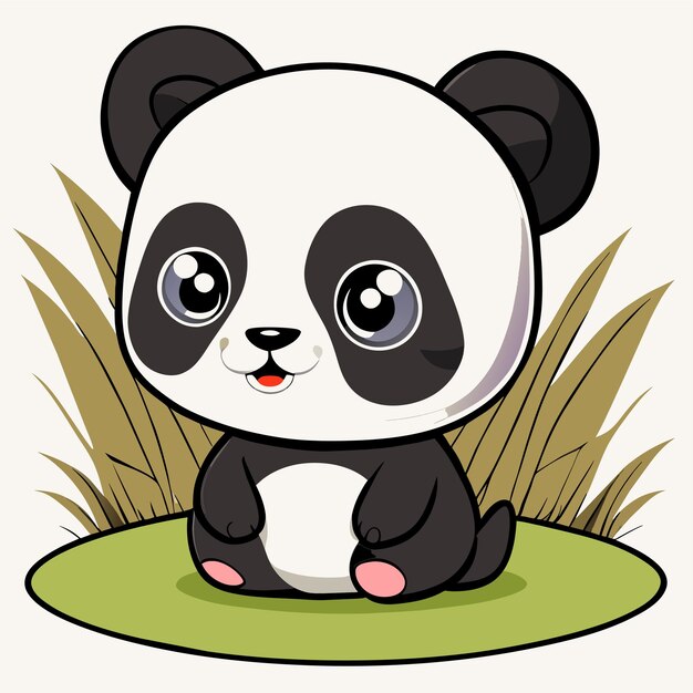 Vetor panda bebê fofo sentado na grama desenhado à mão ícone de adesivo de desenho animado ilustração isolada