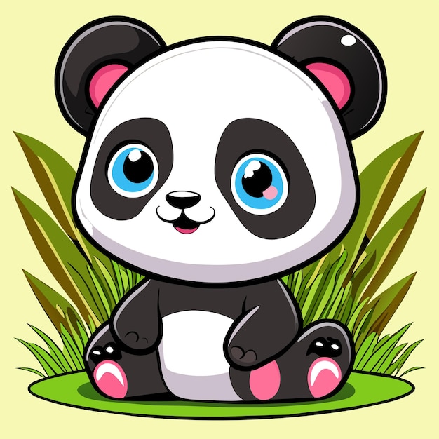 Vetor panda bebê fofo sentado na grama desenhado à mão ícone de adesivo de desenho animado ilustração isolada