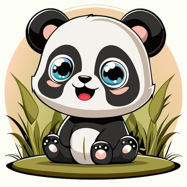 Panda bebê fofo sentado na grama desenhado à mão ícone de adesivo de desenho animado ilustração isolada
