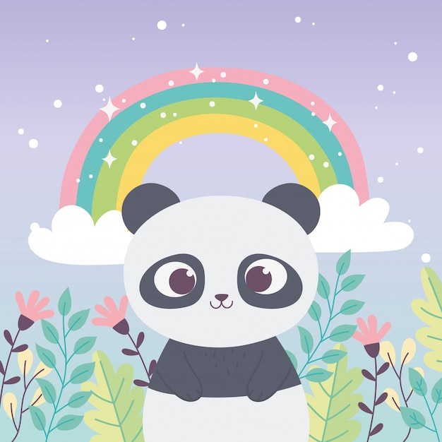 Vetor panda bonito arco-íris animal flores ramo frase inspiradora dos desenhos animados