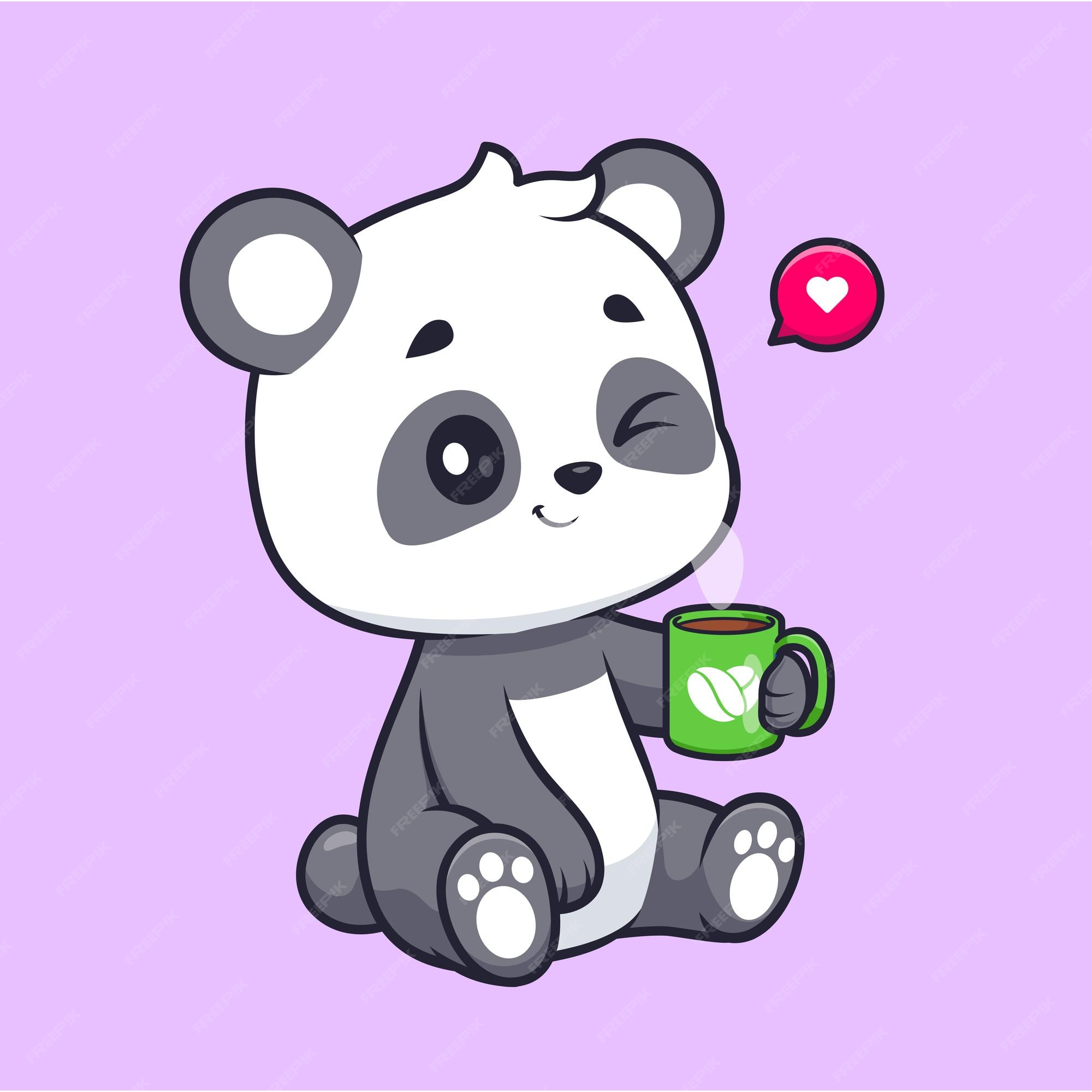 Desenho de urso panda fofo bebendo café