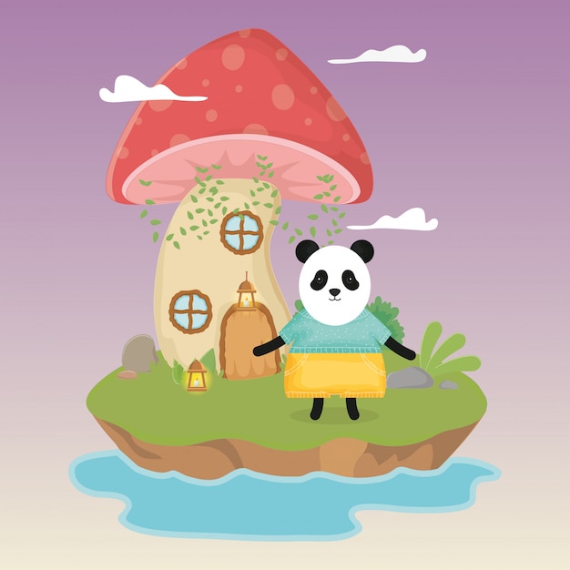 Panda bonito com abajur e cogumelo casa fantasia conto de fadas