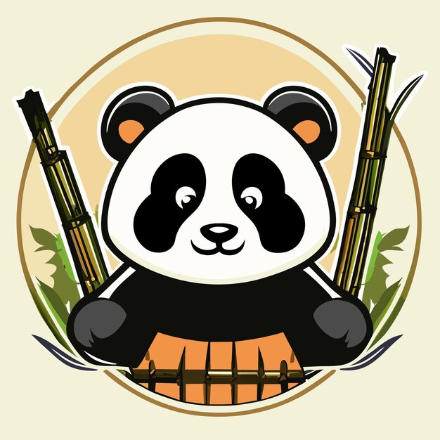 Vetor panda bonito com bambu desenhado à mão desenho animado adesivo ícone conceito ilustração isolada