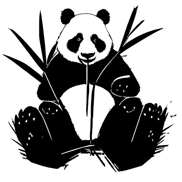 Vetor panda bonito com bambu desenhado à mão desenho animado adesivo ícone conceito ilustração isolada