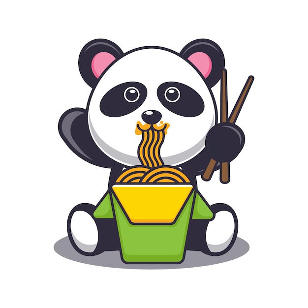 Panda bonito comendo macarrão Ilustração de animal bonito dos desenhos animados