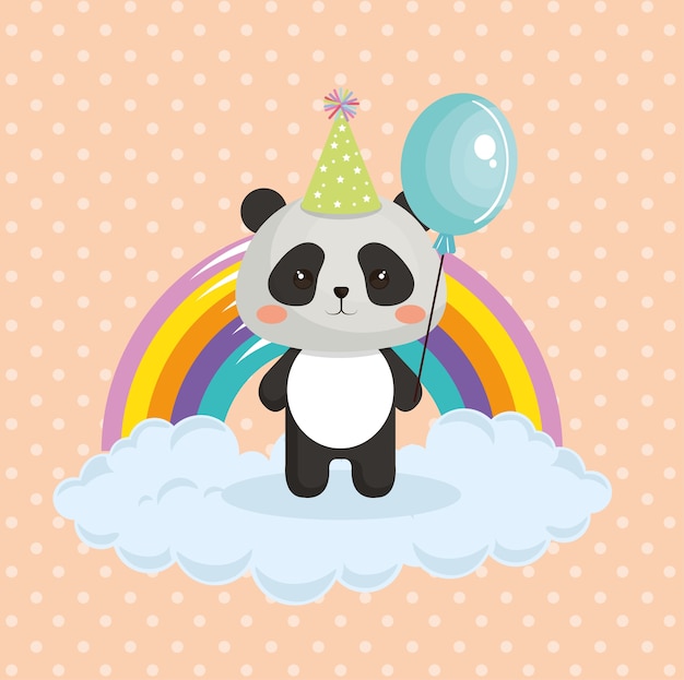 Panda bonito do urso com cartão de aniversário do arco-íris kawaii