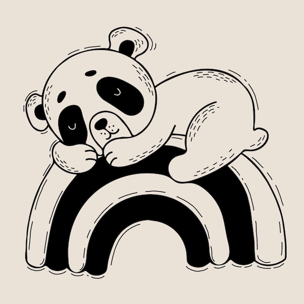 Vetor panda bonito dorme docemente no personagem do arco-íris animal bonito doodle linear para coleção de crianças