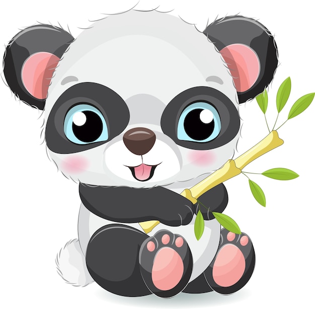 Panda bonito dos desenhos animados com vetor de bambu