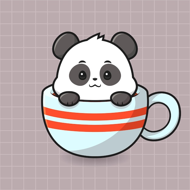 Panda bonito em uma caneca de café isolado ilustração animal dos desenhos animados ícone de etiqueta de estilo plano vetor