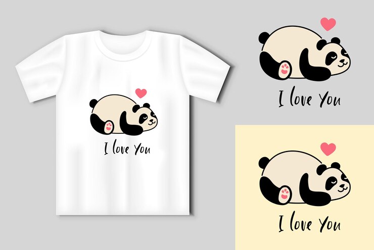 Vetor panda bonito ícone plano simples com a inscrição eu te amo conceito de dia dos namorados com maquete de camiseta