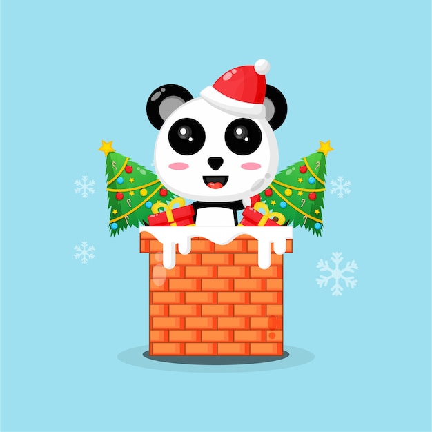 Panda bonito na chaminé com um presente de natal