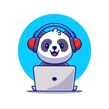 Menina panda bonito dos desenhos animados com fones de ouvido ouve