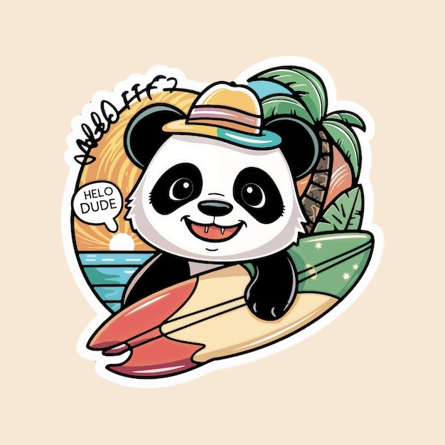 Vetor panda bonito segurando a prancha de surf e dizendo olá cara com um rosto sorridente