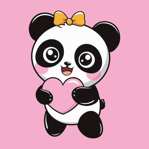 Panda bonito segurando um grande coração rosa Design para cartão de férias e convite para casamento