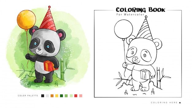 Panda bonito segurar balão & presente de aniversário. ilustração dos desenhos animados