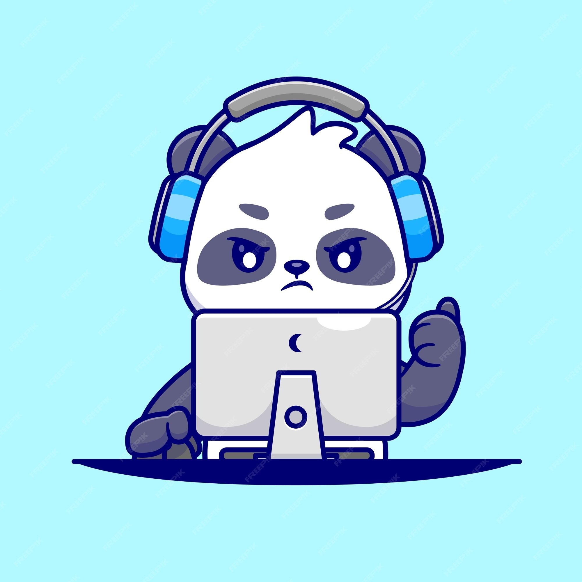 Menina panda bonito dos desenhos animados com fones de ouvido ouve