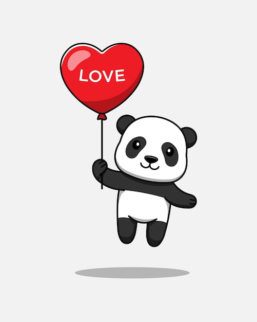 Panda bonito voando com balão do amor