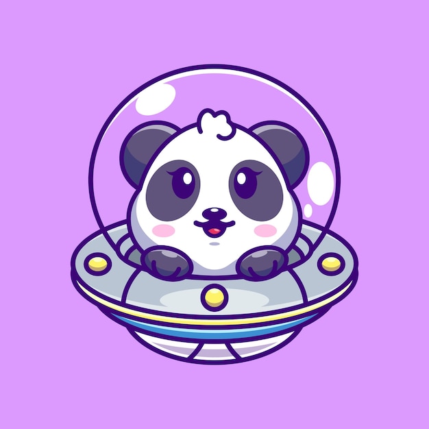 Vetor panda bonito voando com desenho de nave espacial ovni