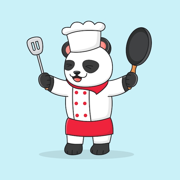 Panda chef bonito segurando a espátula e usando um chapéu