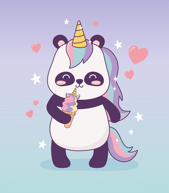 Panda com personagem de desenho animado de sorvete de unicórnio fantasia mágica