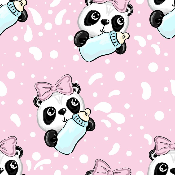 Vetor panda de bebê recém-nascido dos desenhos animados com garrafa de leite em um padrão sem costura de fundo branco