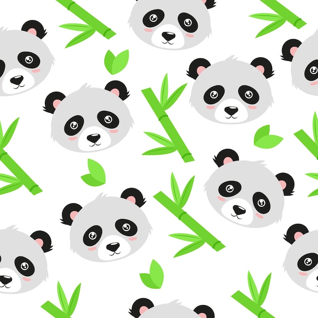 Panda de desenho animado bonito com bambu em um fundo branco Padrão sem costura