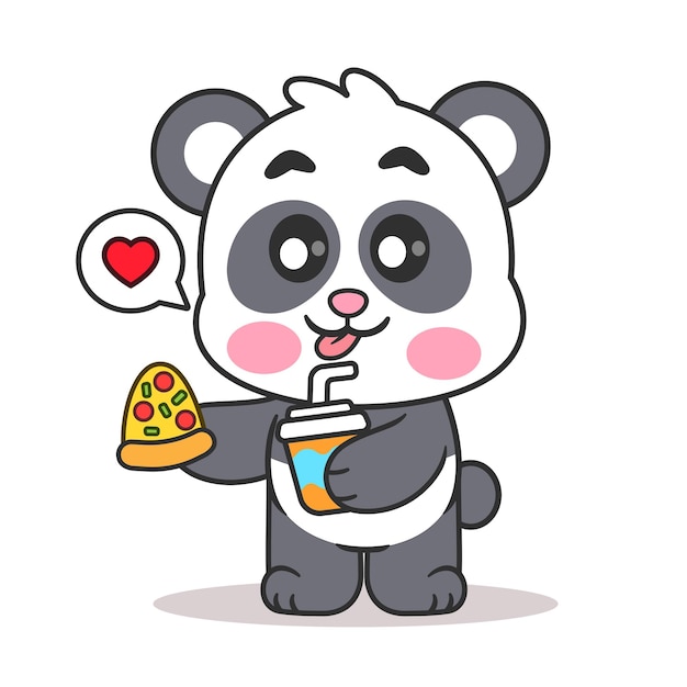 Panda de desenho animado comendo pizza com um copo de água Ilustração vetorial Animais Comida e Bebida