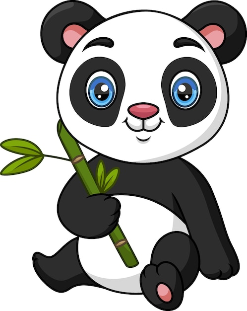 Panda de desenho animado de bebê fofo segurando folhas de bambu