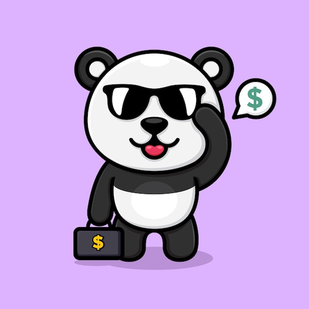 Vetor panda de desenho animado usando óculos de sol legais e carregando uma mala cheia de dinheiro