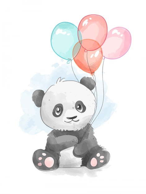 O panda fofo voando com o mascote dos desenhos animados do balão do coração  5055541 Vetor no Vecteezy