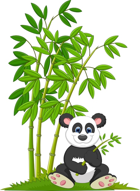 Panda de desenhos animados sentado e comendo bambu